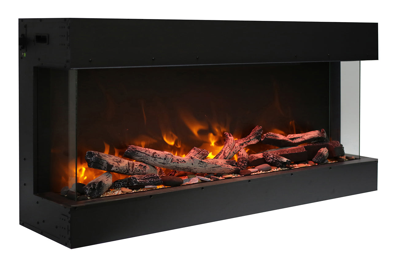 Angled view of a Remii Bay Slim Lumina three-sided electric fireplace with driftwood media
