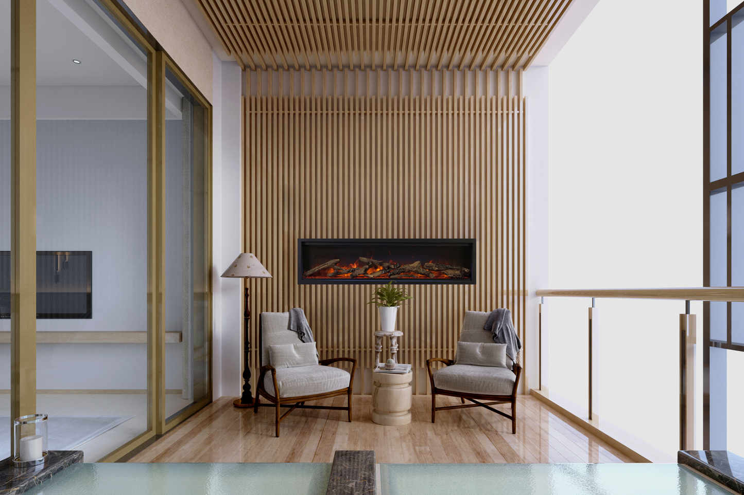 Amantii Symmetry Lumina electric fireplace installed on a covered balcony