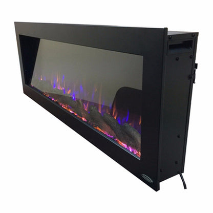 Side view of a black indoor/outdoor electric fireplace | Touchstone Sideline 50" Wide.