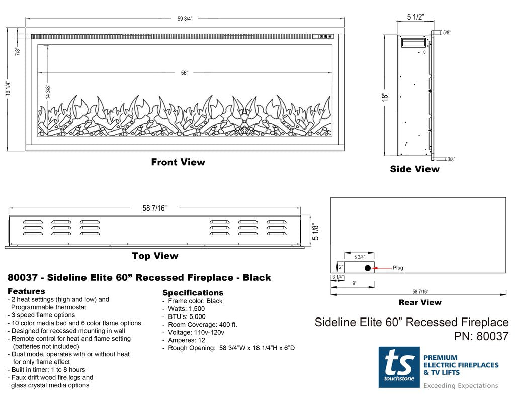 Touchstone Sideline Elite 60'' Recessed Electric Fireplace Dimensional Drawing.