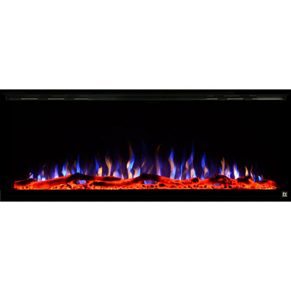 Black Touchstone Sideline Elite Recessed Electric Fireplace in combination of blue,yellow, purple flame with orange crystals.
