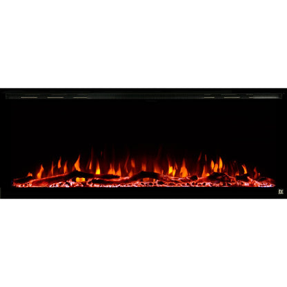 Black Touchstone Sideline Elite Recessed Electric Fireplace in combination of orange, red, yellow flame with orange crystals.