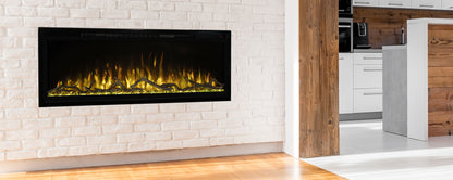 Modern Flames Slimline 100" Built-In Linear Electric Fireplace with Gold Flames in Room - Very Good Fireplaces