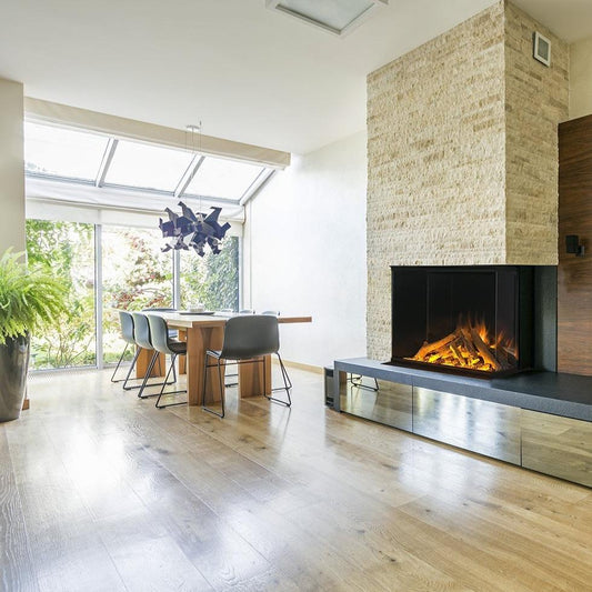 Corner electric fireplace installed in an apartment living room