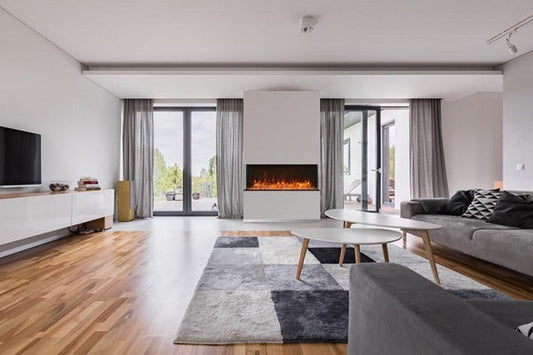 Amantii Tru View three-sided electric fireplace installed in a living room