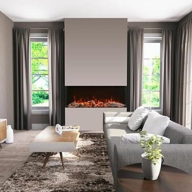 Amantii three-sided electric fireplace installed in a living room