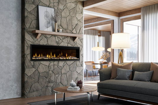 Linear electric fireplace with modern flame display