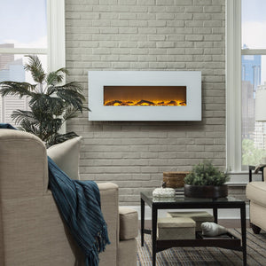 Wall-mounted electric fireplace installed in a lower-level living space