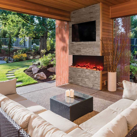 Outdoor electric fireplace for a patio or covered outdoor space