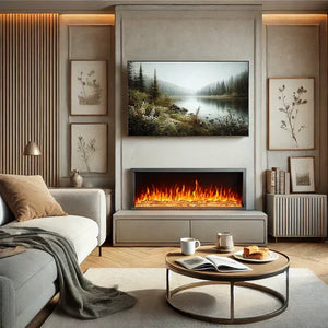Modern electric fireplace installed in a contemporary living room