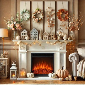 Electric fireplace mantel decorated for four seasons