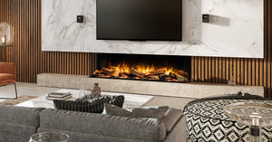 Sustainable Hearth E-FX 1500 three-sided electric fireplace installed in a living room
