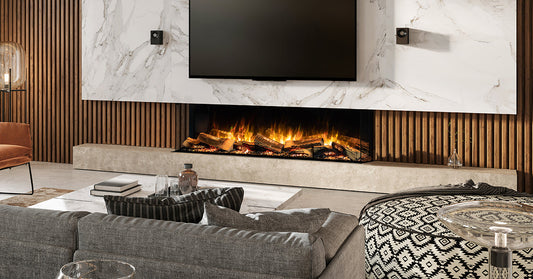 Sustainable Hearth E-FX 1500 three-sided electric fireplace installed in a living room