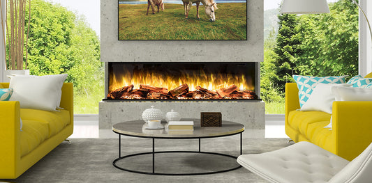 Sustainable Hearth E-FX 1800 three-sided electric fireplace installed beneath a wall-mounted TV