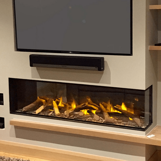 Right-corner recessed electric fireplace and TV wall installation in a living room