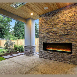 Outdoor electric fireplace installed in a covered patio setting