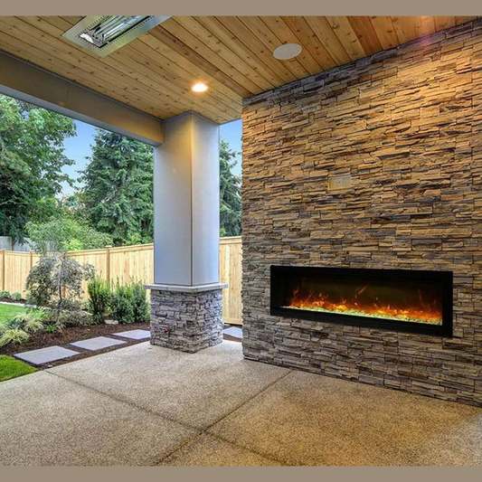 Outdoor electric fireplace installed in a covered patio setting
