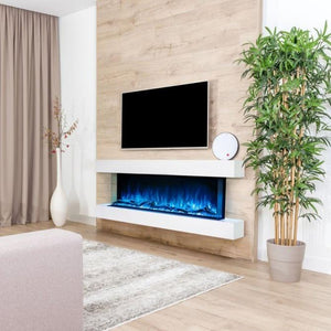Television mounted above a linear electric fireplace on a finished media wall