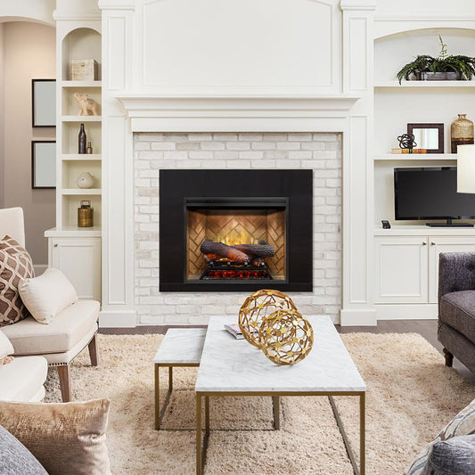 Dimplex Revillusion built-in electric firebox installed in a traditional fireplace opening