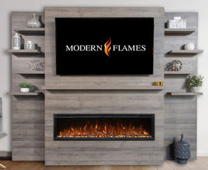 Finished electric fireplace feature wall with built-in framing