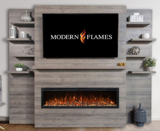 Finished electric fireplace feature wall with built-in framing