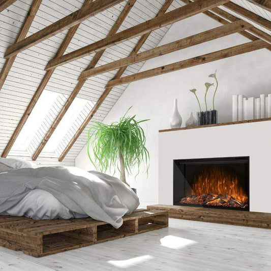 Built-in electric fireplace showing the firebox and flame display