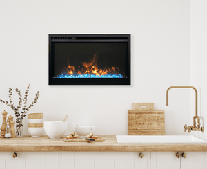 Amantii Traditional Xtraslim electric fireplace installed in a modern kitchen