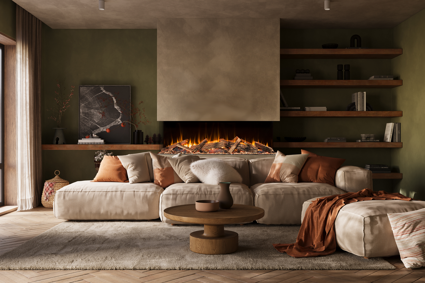 Amantii LumaForest three-sided electric fireplace with orange flames and Timberlux real wood logs