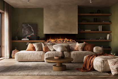 Amantii LumaForest three-sided electric fireplace with orange flames and Timberlux real wood logs