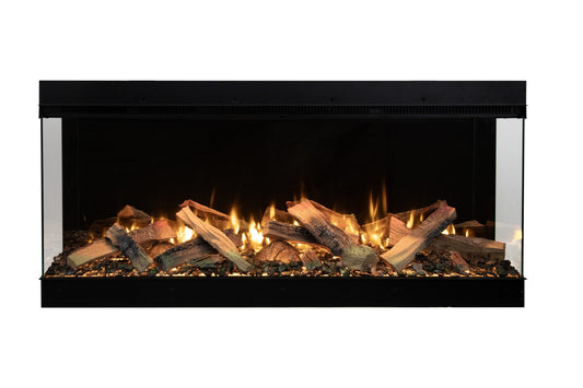 Amantii LumaForest three-sided electric fireplace installed in modern media wall