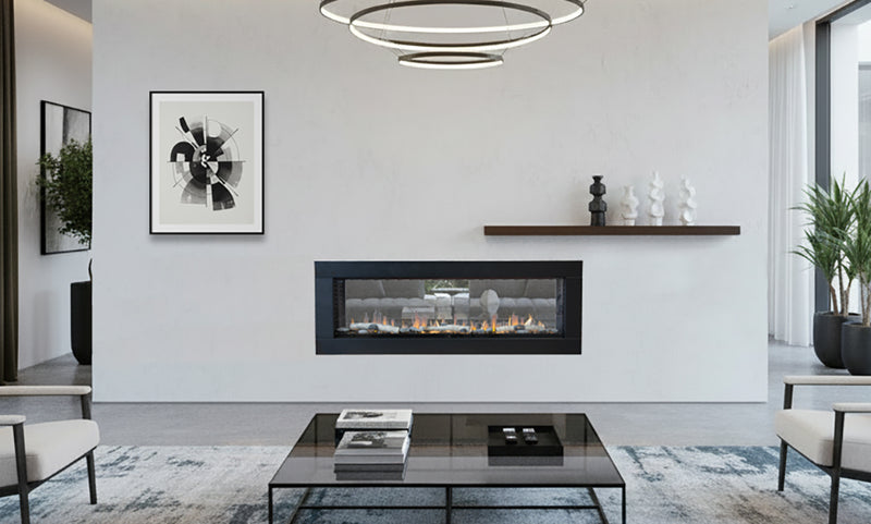 Sustainable Hearth Optic 50 see-through electric fireplace installed as room divider