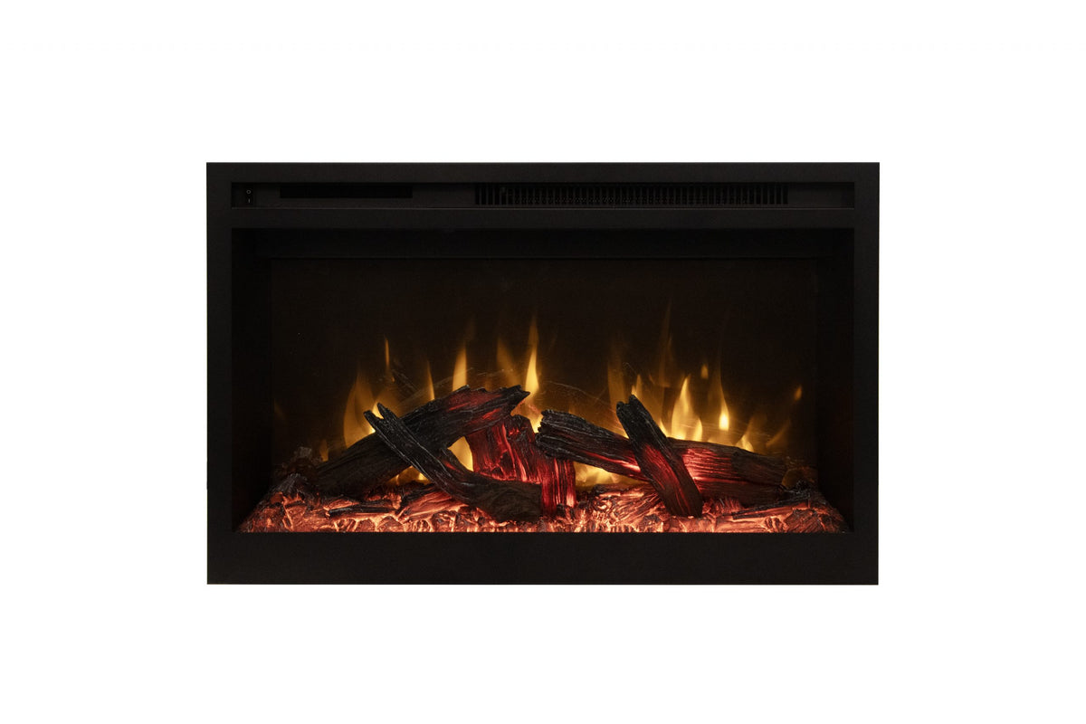 Amantii RusticStone electric fireplace close-up of flame and mirrored back panel