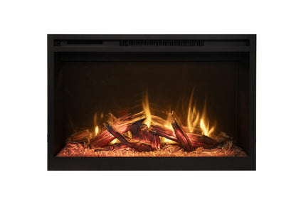 Amantii RusticStone electric fireplace insert installed with oak log set