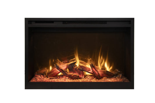Amantii RusticStone electric fireplace insert installed with oak log set
