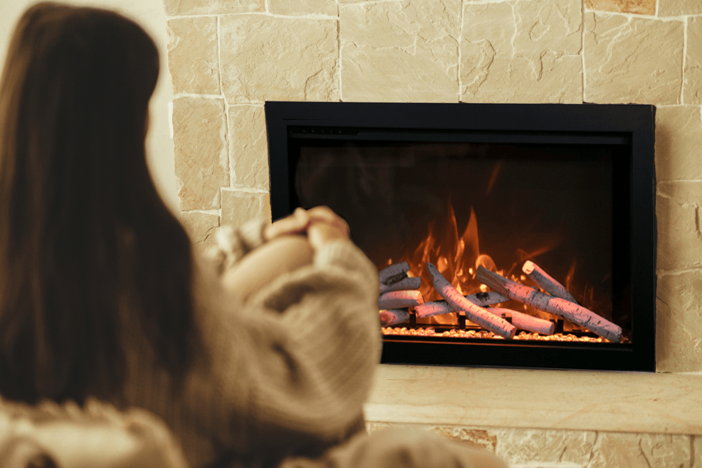 Amantii Traditional Bespoke fireplace with birch logs and multicolor flames