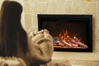 Amantii Traditional Bespoke fireplace with birch logs and multicolor flames