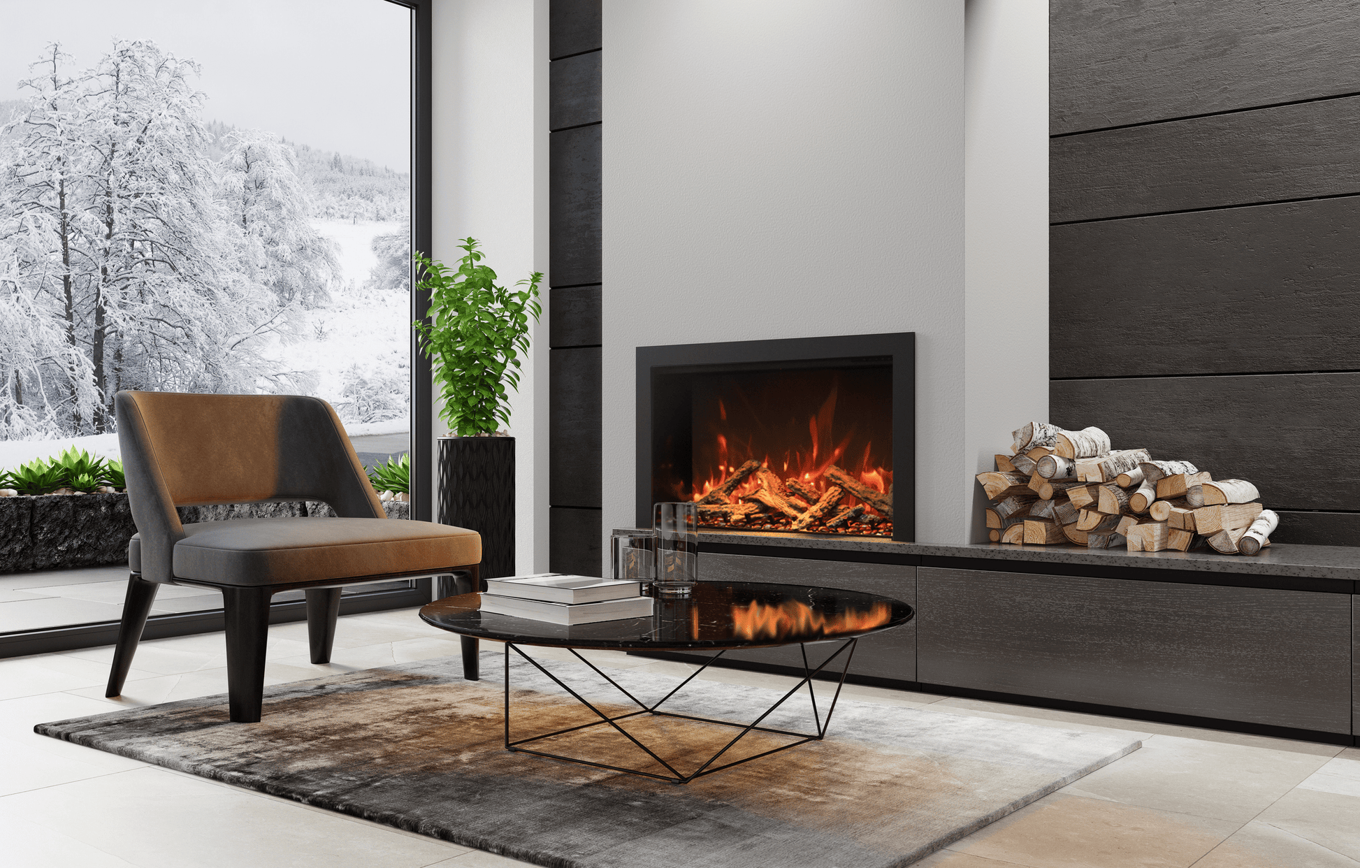 Amantii Traditional Bespoke fireplace with orange flames and oak log media