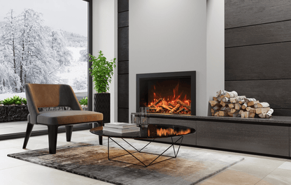 Amantii Traditional Bespoke fireplace with orange flames and oak log media