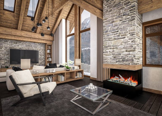 Amantii Tru View Bespoke three-sided electric fireplace with birch logs in a living space