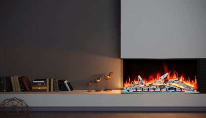 Amantii Tru View Bespoke electric fireplace shown in a two-sided installation with birch logs