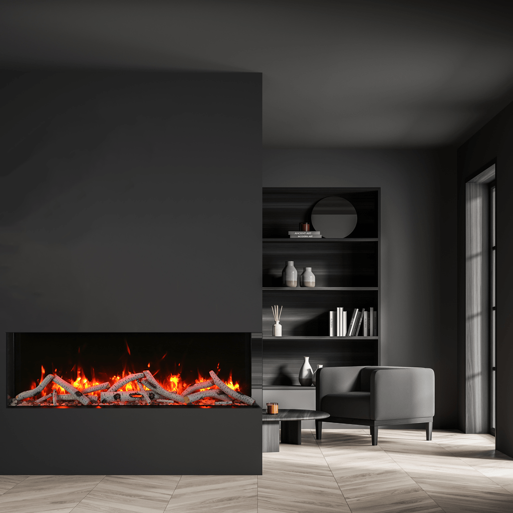 Amantii Tru View Slim three-sided fireplace with birch log set