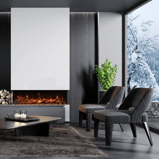 Amantii Tru View Deep three-sided fireplace with oak log media