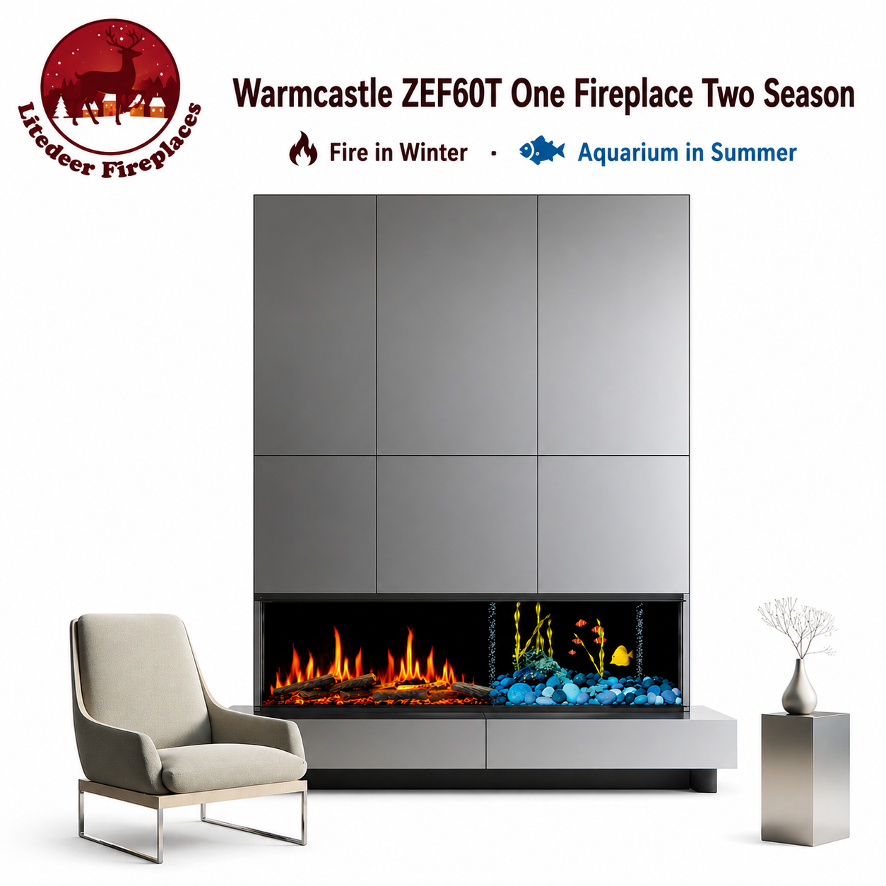 Litedeer WarmCastle seasonal flame and aquarium display options
