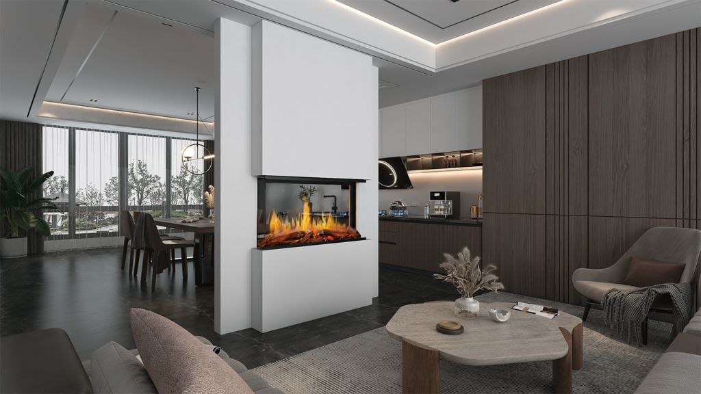 Modern Flames Nova Clear see-through electric fireplace between an open kitchen and living area