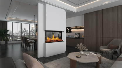 Modern Flames Nova Clear see-through electric fireplace between an open kitchen and living area