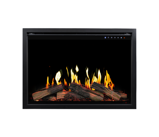 Modern Flames Orion V2 Traditional 36-inch electric fireplace with yellow LCD flames and lit logs