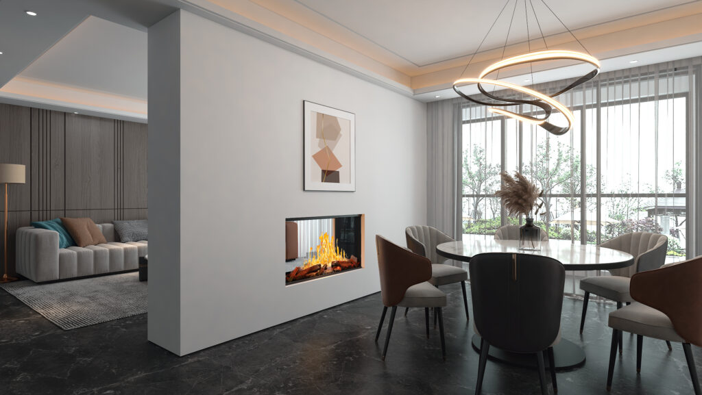 Nova Clear connecting a dining room and living room as a see-through fireplace
