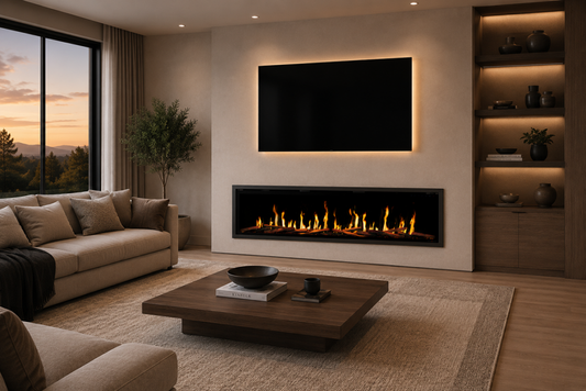Orion V2 Slim linear electric fireplace in a living room