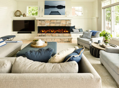 Remii Bay Slim three-sided electric fireplace installed in a modern room