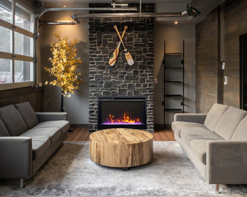 Remii Classic Slim electric fireplace installed with a mantel and surround